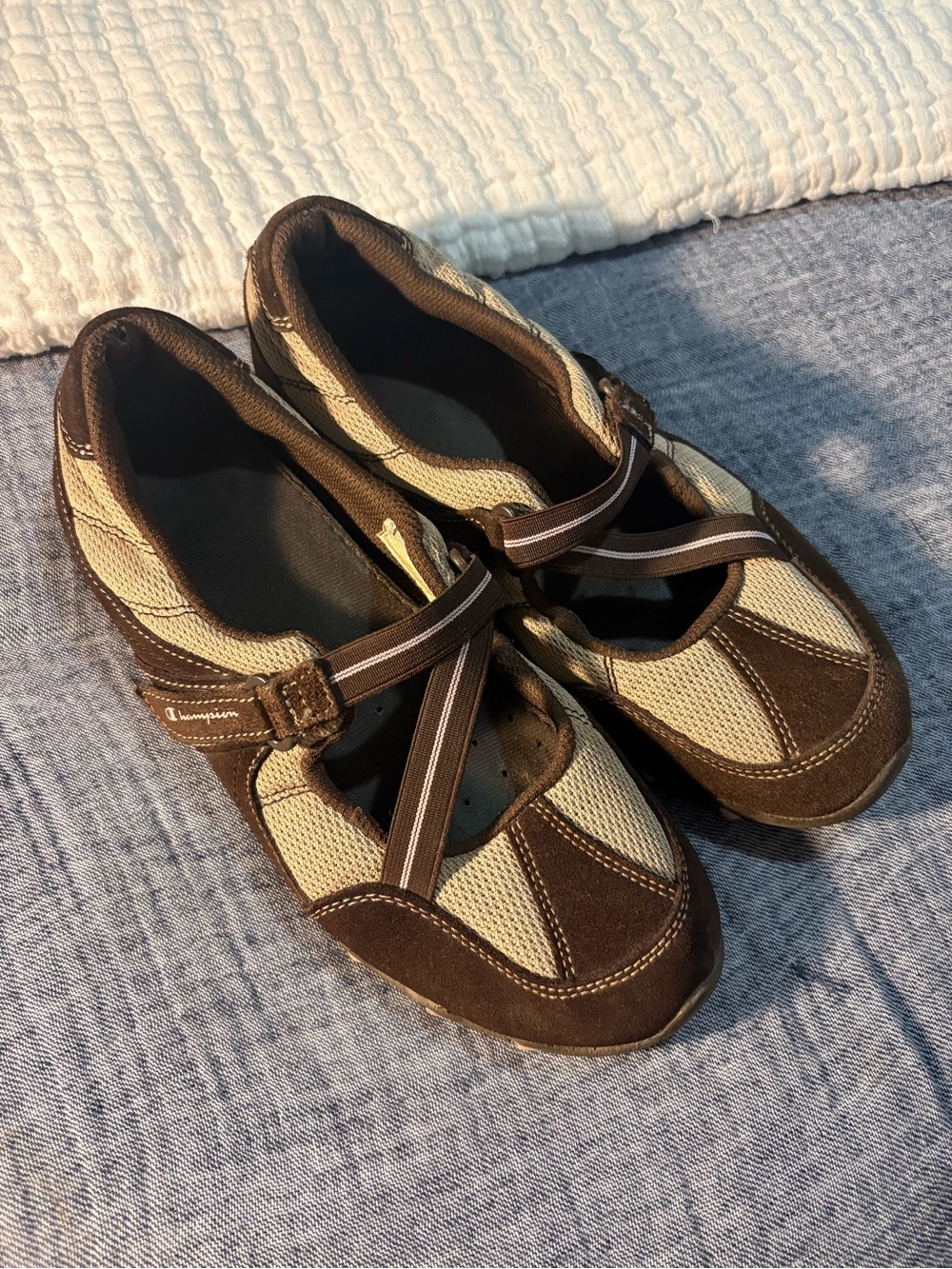 Y2K Vintage Champion Mary Jane’s in pink brown and beige.